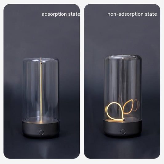 Two states of a device labeled 'adsorption state' and 'non-adsorption state' with a clear cylindrical container and a metallic object inside.