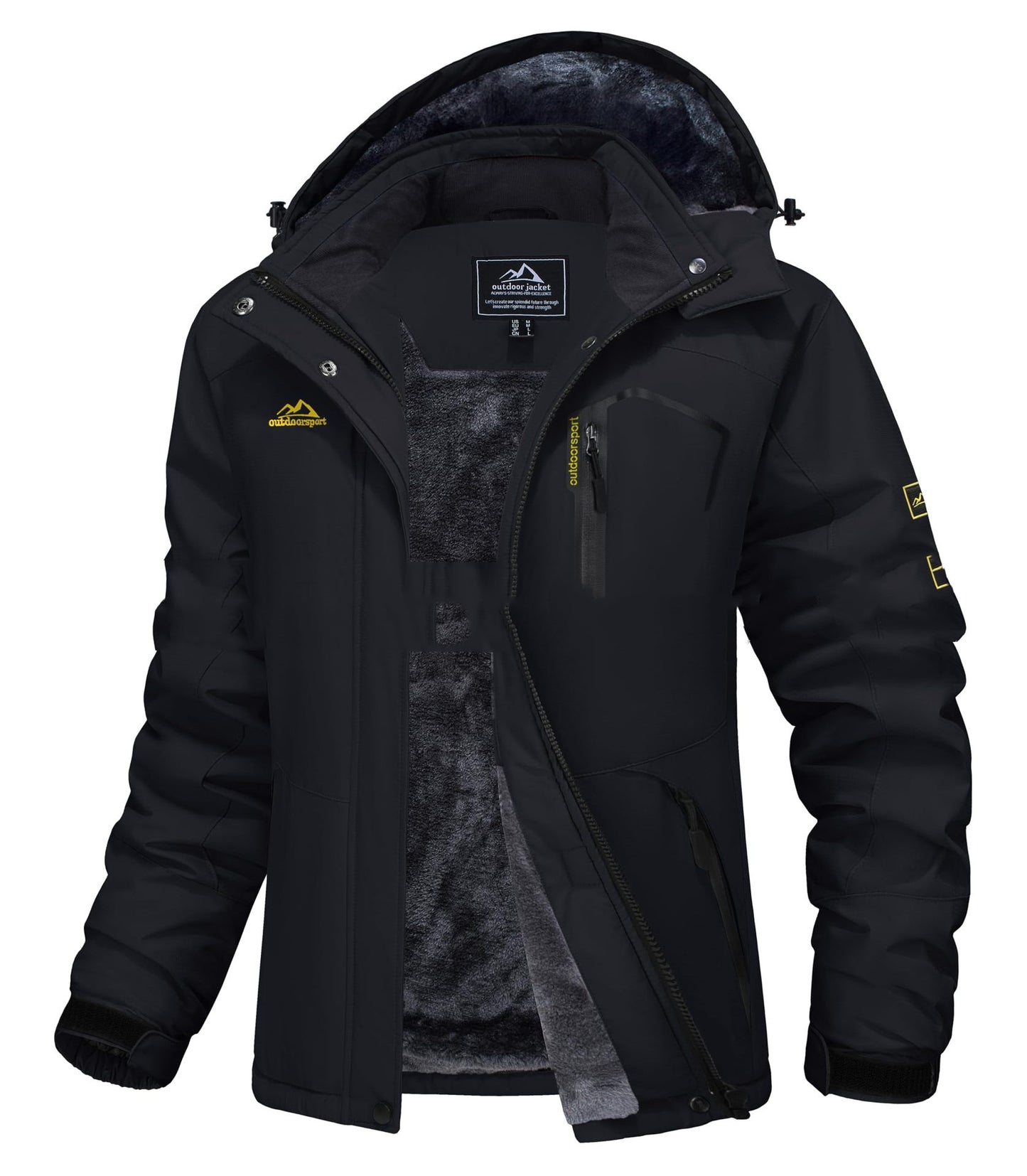 Black winter jacket with visible branding on a white background