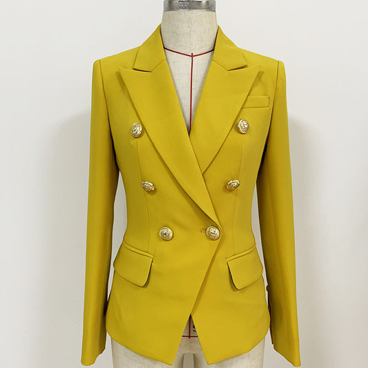 Yellow blazer on a mannequin against a white background