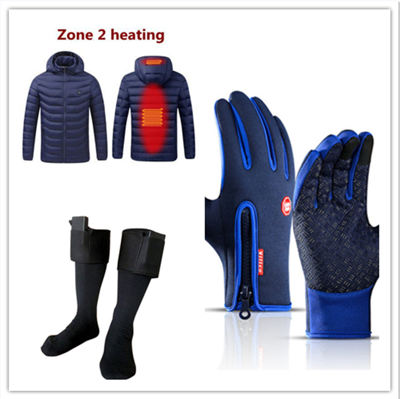 Heated jacket, gloves, and socks with 'Zone 2 heating' label on a white background
