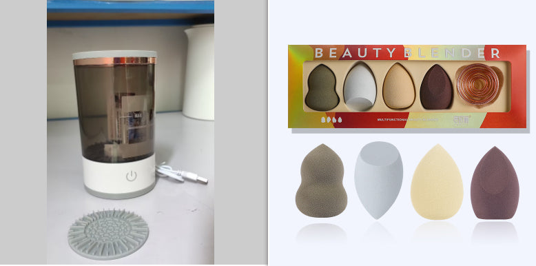 Beauty blender device and packaging with different shades on a white background