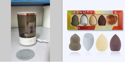 Beauty blender device and packaging with different shades on a white background