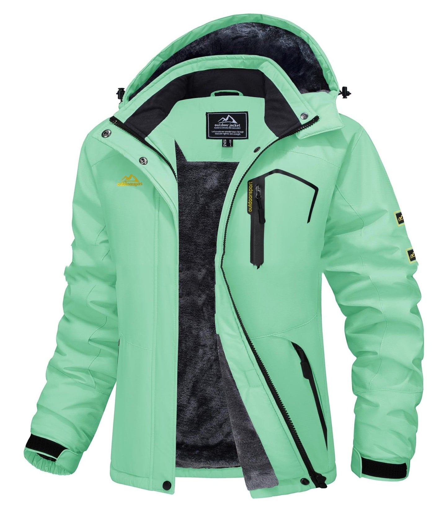 Light green winter jacket with black accents on a white background