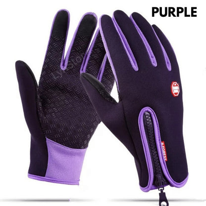 Pair of purple and black gloves with a brand logo on a white background