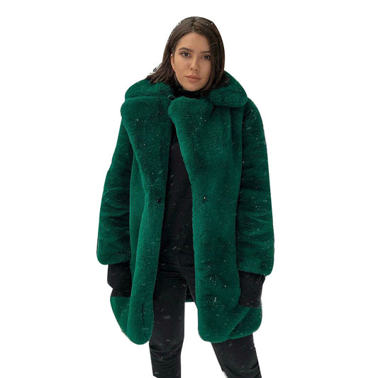 Person wearing a green fur coat on a white background