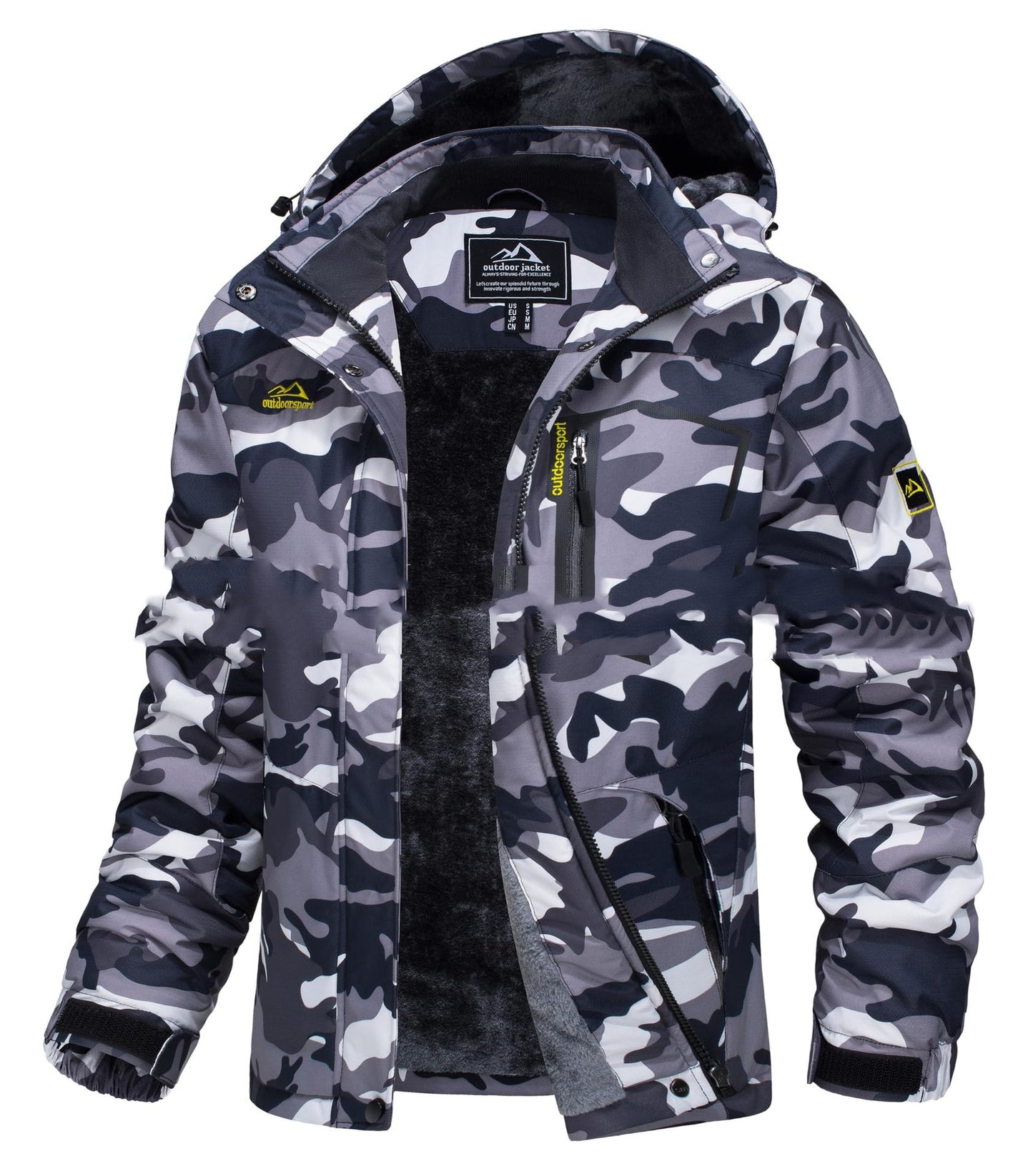 Camouflage jacket with brand label on a white background