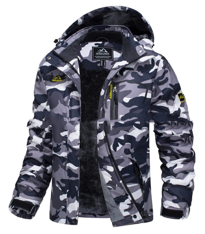 Camouflage jacket with brand label on a white background