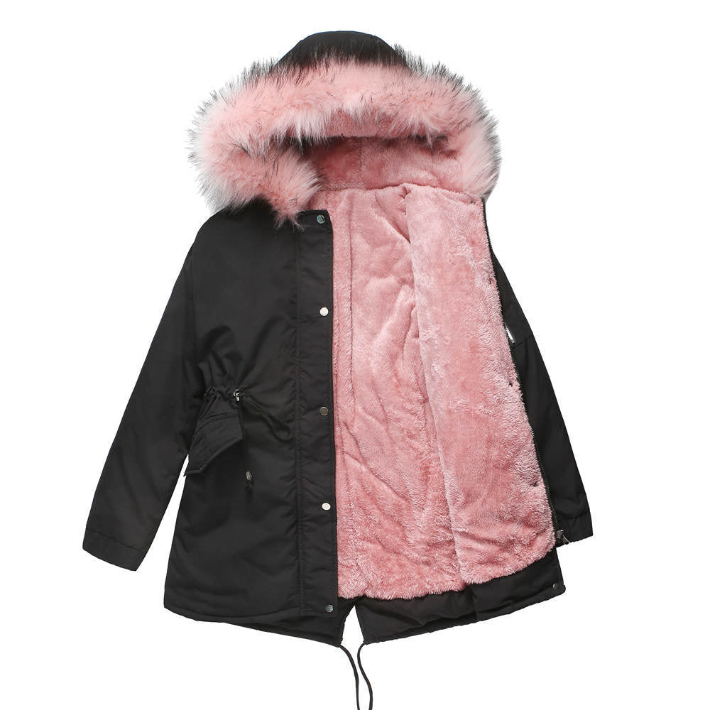 Black and pink winter coat with fur-lined hood on a white background