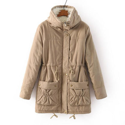 Beige winter coat with a hood on a white background