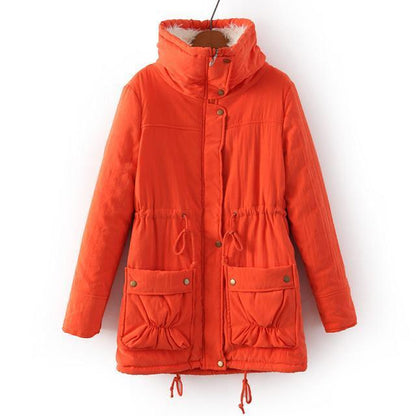 Orange winter jacket with a hood on a white background