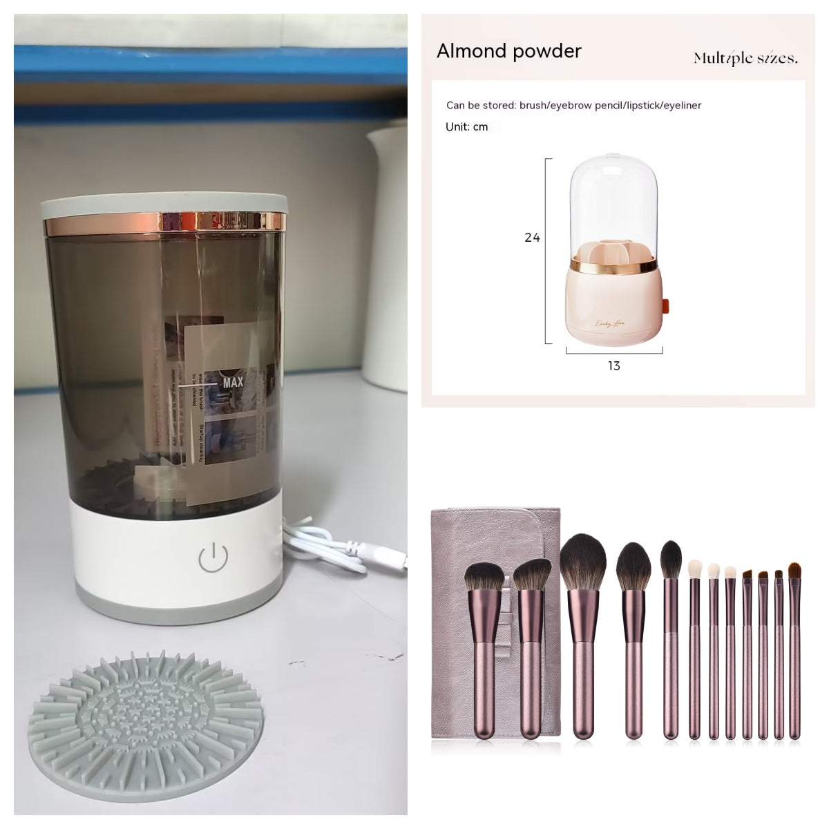 Collage of a humidifier, almond powder packaging, and makeup brushes.