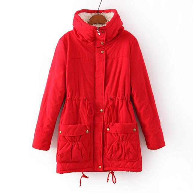 Red winter coat with a hood on a white background