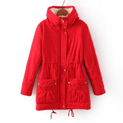 Red winter coat with a hood on a white background