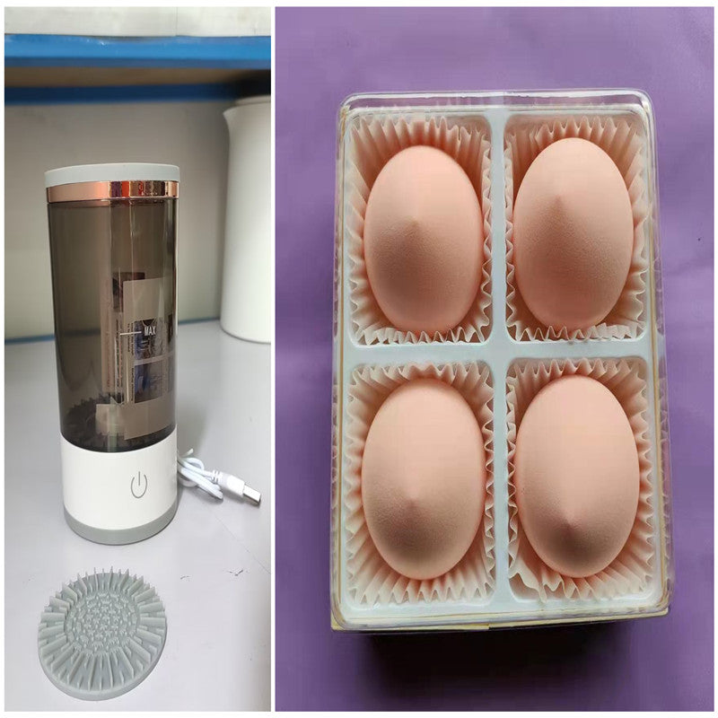 Collage of a transparent electronic device, a box of eggs, and a gray circular brush on a purple background.