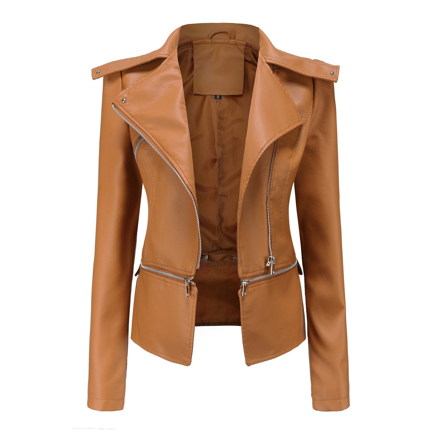 Brown leather jacket with zippers on a white background
