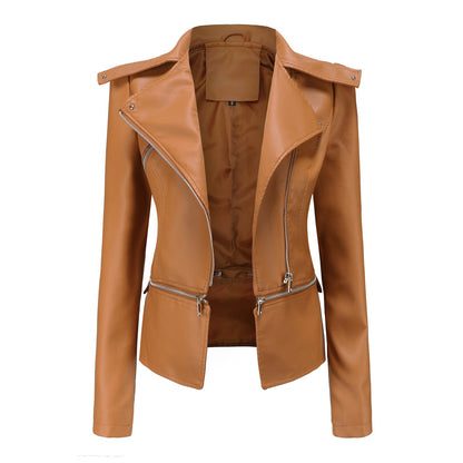 Brown leather jacket with zippers on a white background