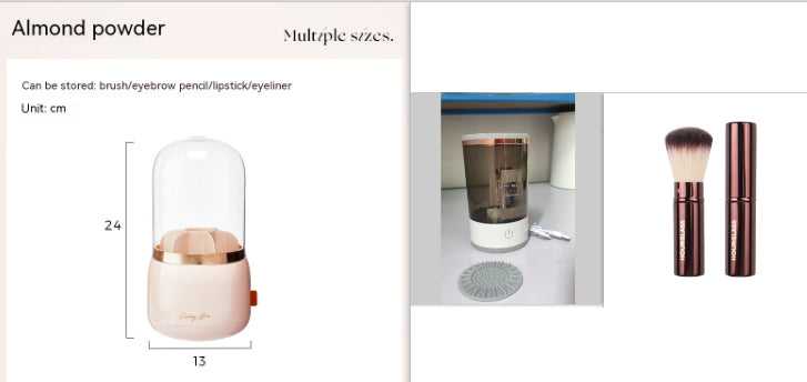 Almond powder container with measurements and additional cosmetic items on a white background