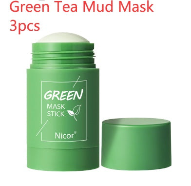 Green tea mud mask stick with lid on a white background