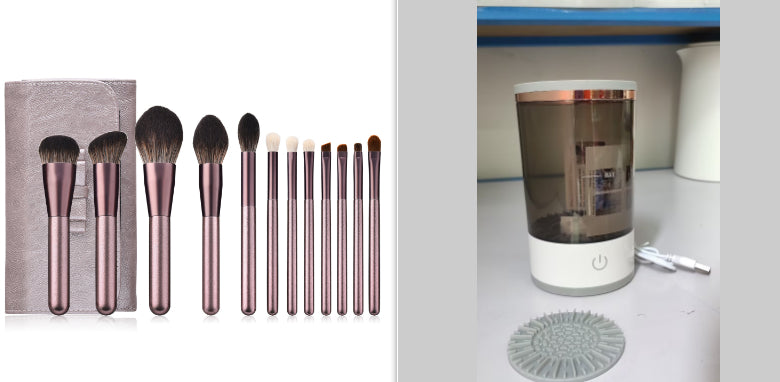 Set of makeup brushes and a humidifier on a shelf.