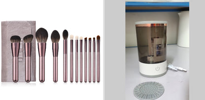 Set of makeup brushes and a humidifier on a shelf.