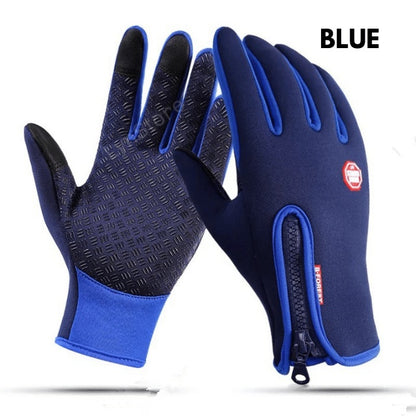 Pair of blue and black gloves with a brand logo on a white background