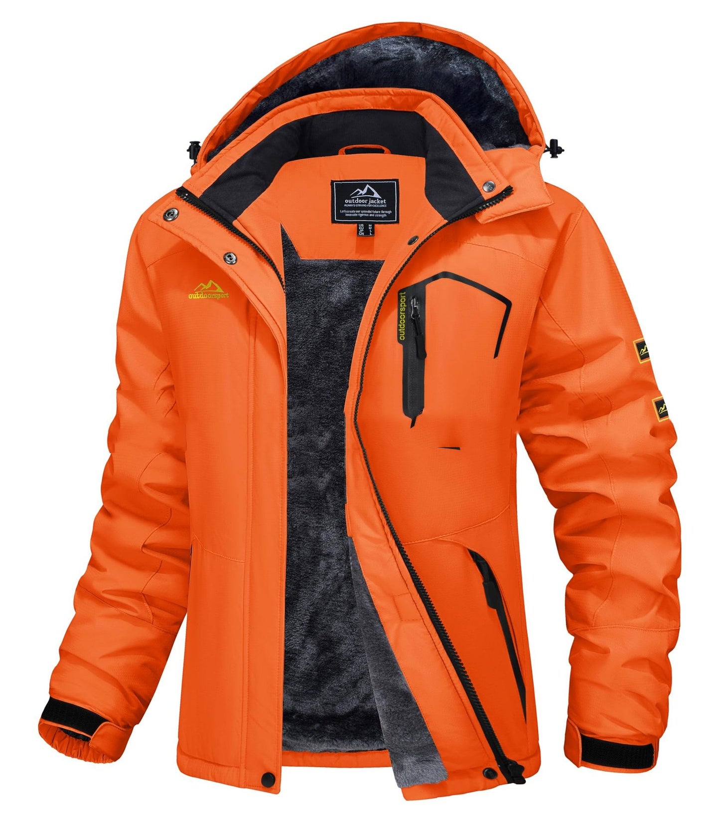 Orange and black winter jacket on a white background