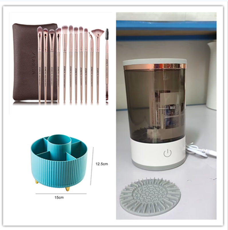 Collage of makeup brushes, a blue organizer, a humidifier, and a gray mat.