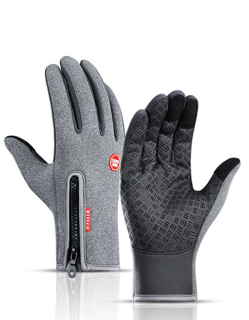 Pair of gray gloves with a zipper on a white background