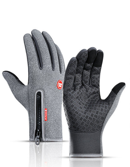 Pair of gray gloves with a zipper on a white background