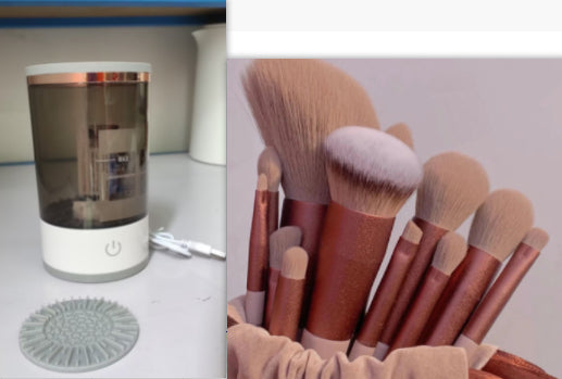 Collage of a clear cylindrical container with a power button, a gray circular mat, and a set of makeup brushes.