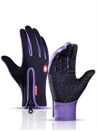 Black and purple gloves with a brand logo on a white background