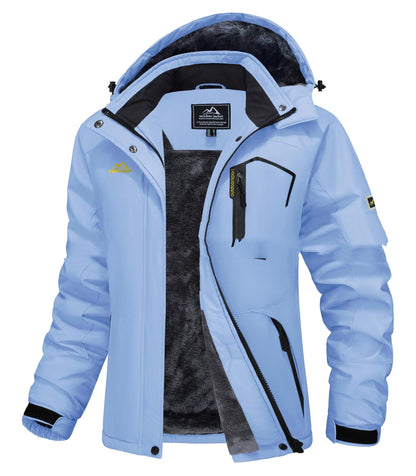 Light blue winter jacket with black accents on a white background