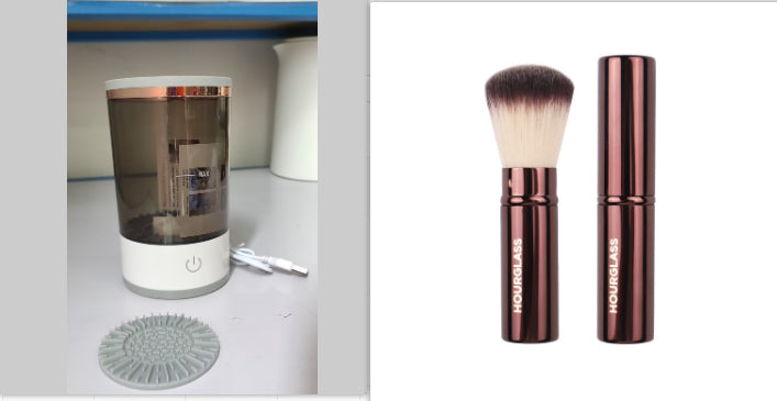 Two makeup brushes and a cleaning device on a white background