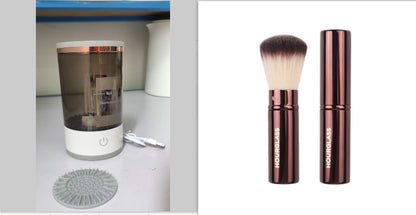 Two makeup brushes and a cleaning device on a white background