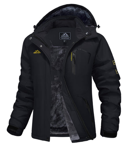Black winter jacket with visible branding on a white background