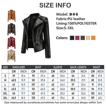 Black leather jacket with size chart and color options on a white background