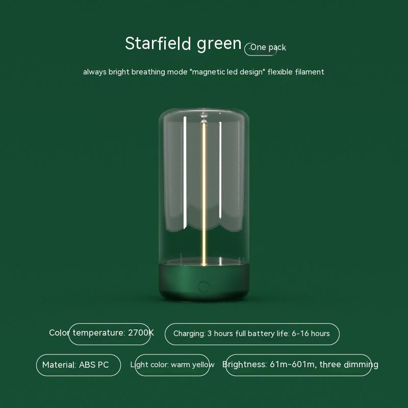 Transparent cylindrical LED lamp with green background and text detailing product features.