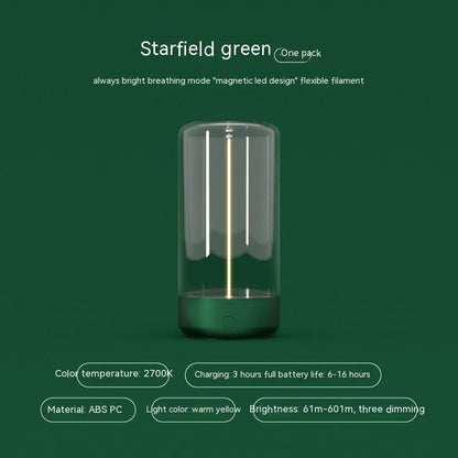Transparent cylindrical LED lamp with green background and text detailing product features.