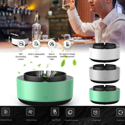 Green and black air purifier with features highlighted on a blurred bar background
