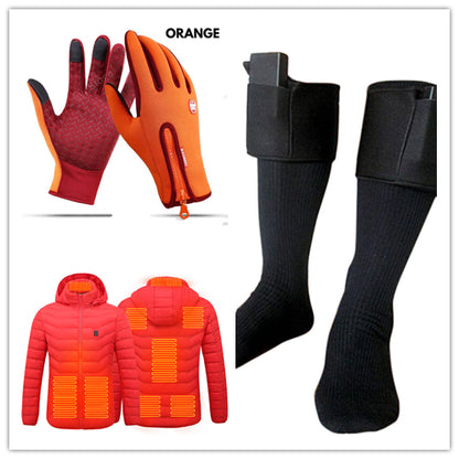 Orange gloves, black socks, and red jacket with orange accents on a white background