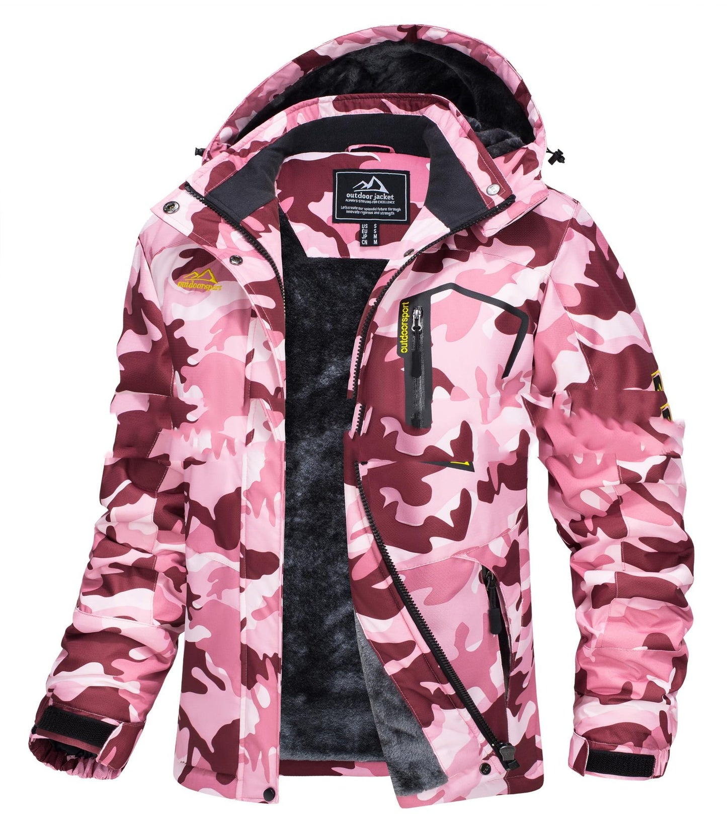 Pink camouflage jacket with black accents on a white background