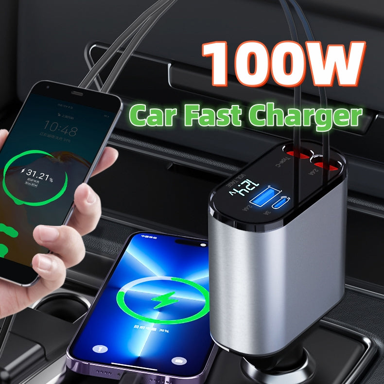 100W car fast charger with two smartphones being charged, displayed in a car's cup holder.