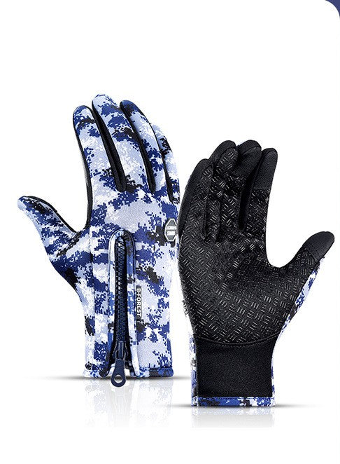 Pair of gloves with blue camouflage pattern and black textured palm on a white background