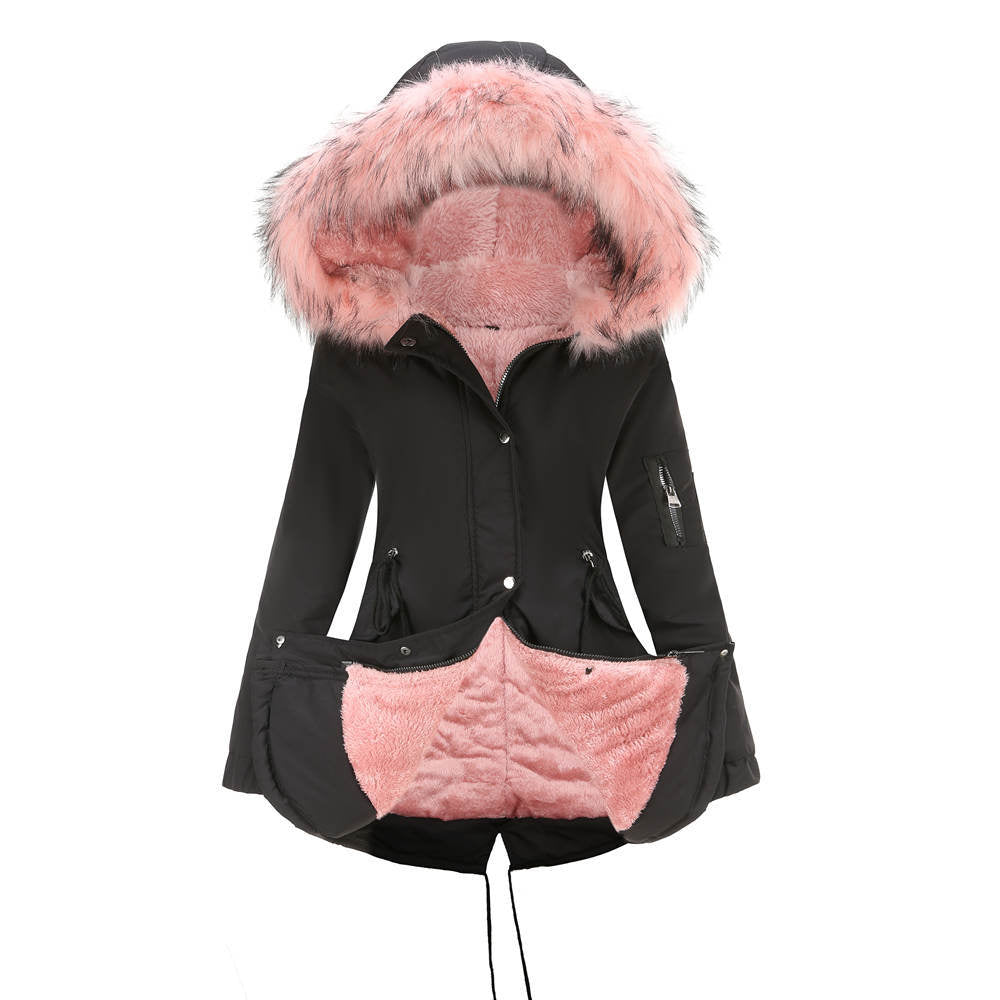 Black winter coat with pink fur hood and lining on a white background