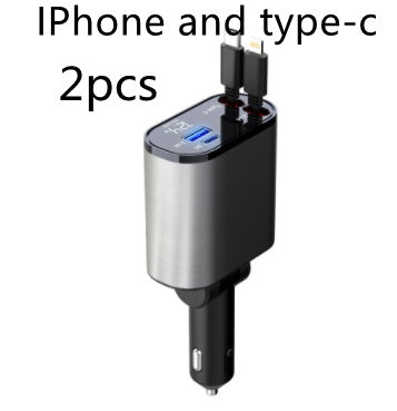 Two USB car chargers for iPhone and Type-C on a white background