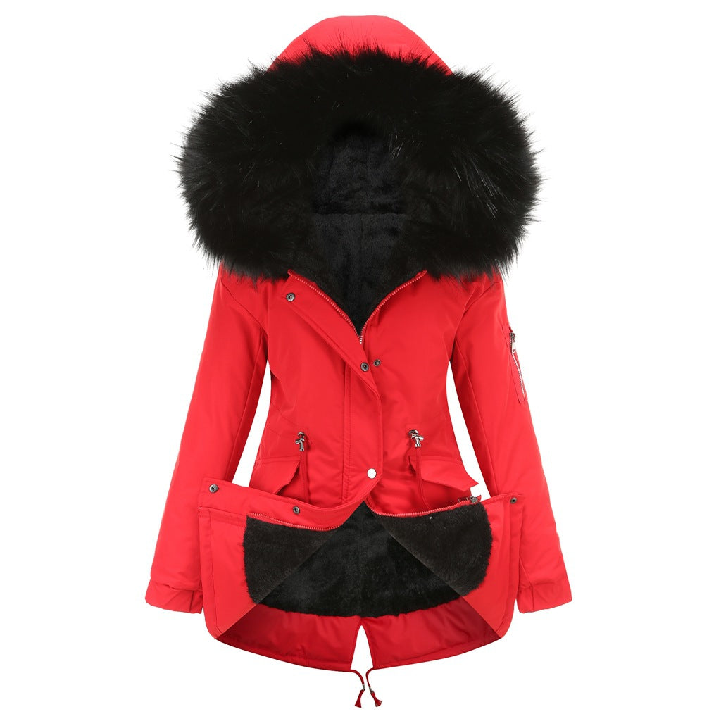 Red coat with black fur hood on a white background