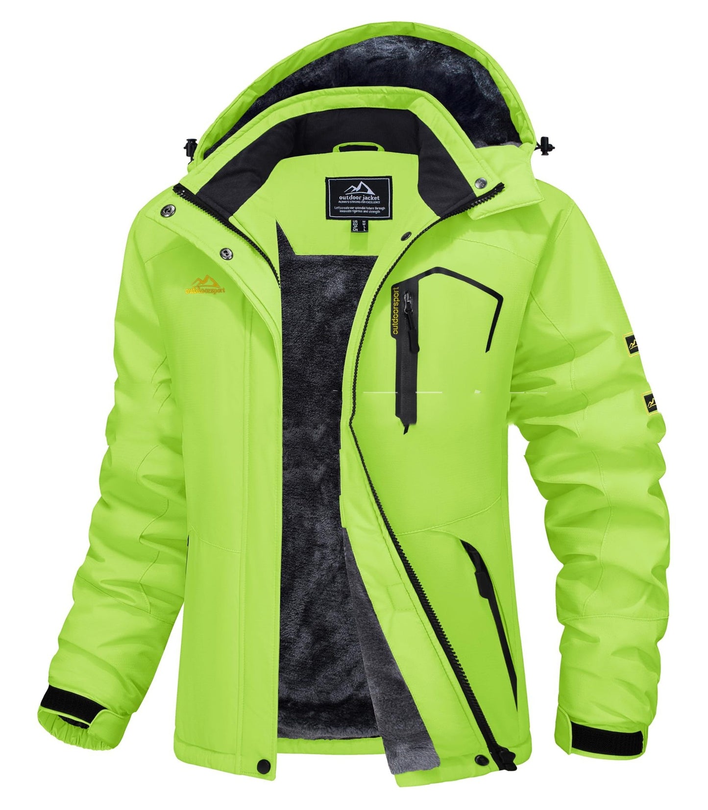 Bright green jacket with black accents on a white background