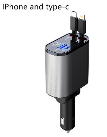 Multi-device car charger with iPhone and Type-C ports on a white background
