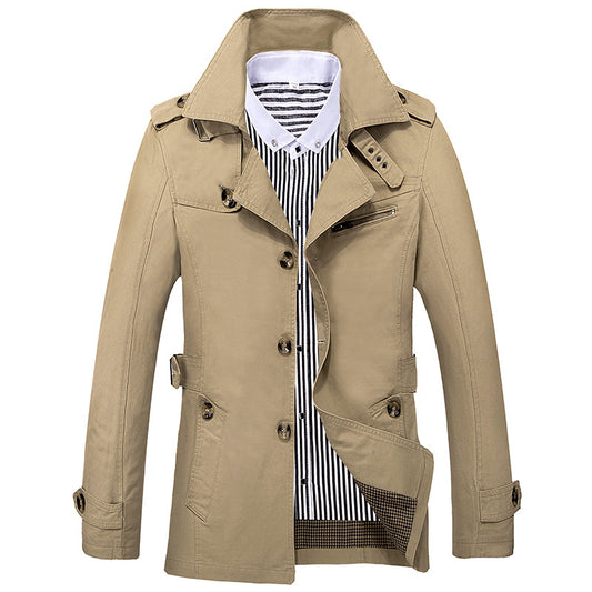 Beige trench coat with a striped shirt peeking out, on a white background