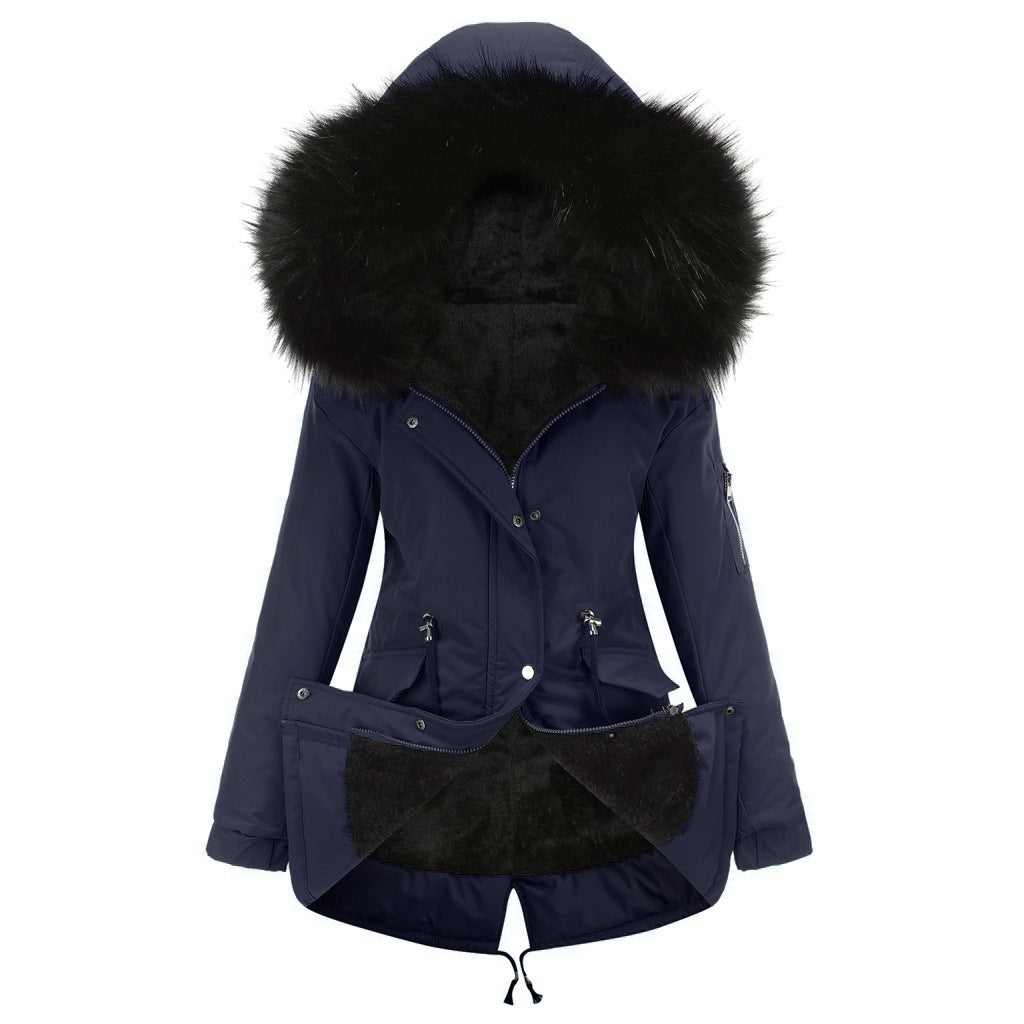 Navy blue winter coat with black fur hood on a white background